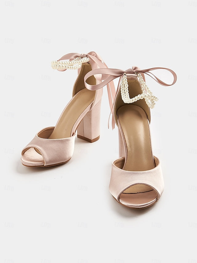 Block Ankle Peep-Toe Satin Pearl Heel Sandals Women's with