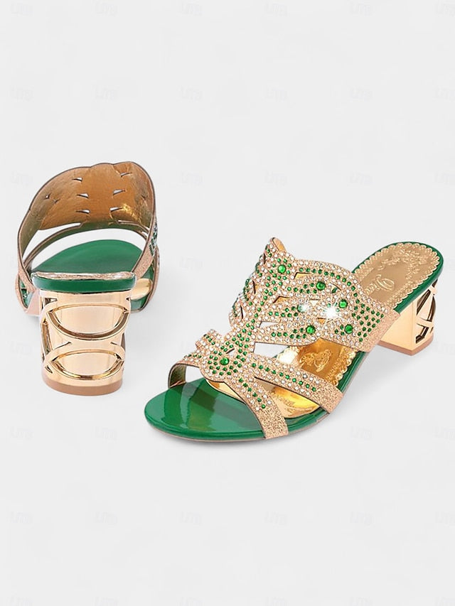 Rhinestone Embellished Heeled Gold and - Sandals Green