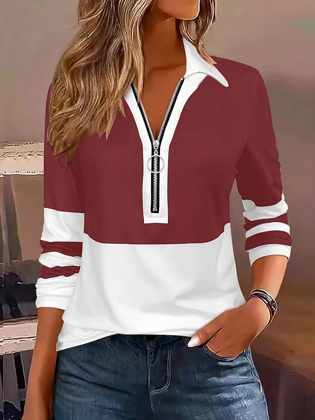 Women's Blouse Zipper Striped Stylish Casual Long Sleeve