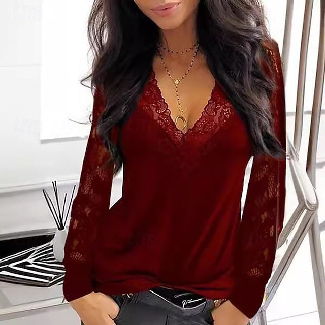 Women's Lace Splicing Top Blouse Ruched Lace Trim Plain