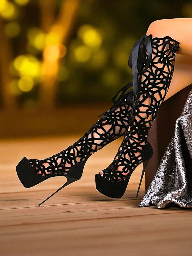 Stiletto Platform High Women's Sexy Cutout Peep Boots Knee