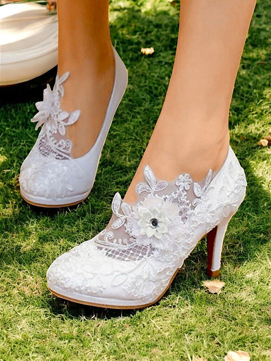 High – Shoes with Floral Heel Embellishments White Bridal Lace