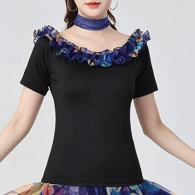 Latin Dance Top Printing Pure Color Splicing Women's