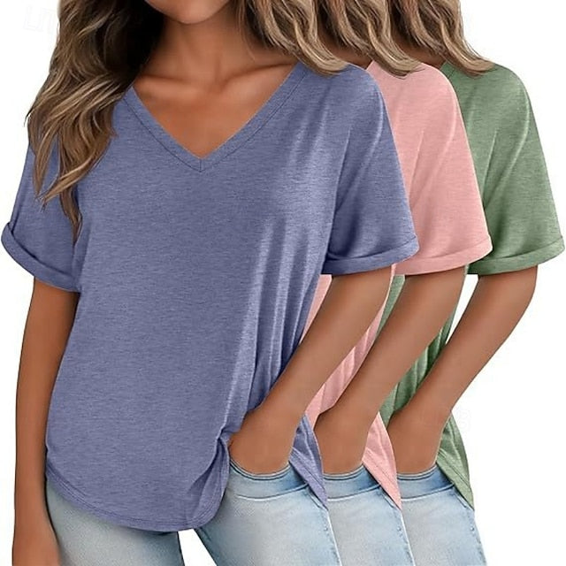 Multi Packs 3 Pairs Female V Neck Short Sleeve Black+White+Light