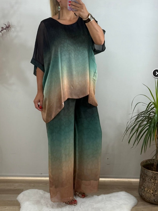 Women's Pants Sets 3/4 Length Sleeve Crew Neck Gradient