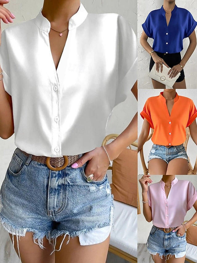 Women's Shirt Blouse Tee Top Patchwork Buttons Plain