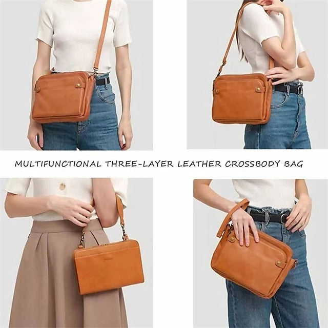 Schultertasche aus Leder für Damen im Vintage-Stil mit drei Lagen