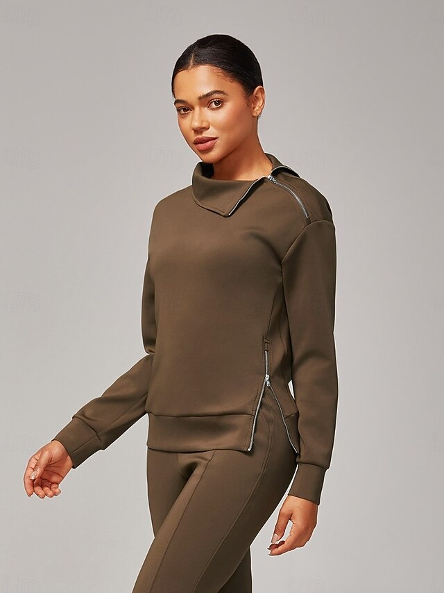 Women's Brown Stretch Knit Zip Slit High Neck Top Tracksuit