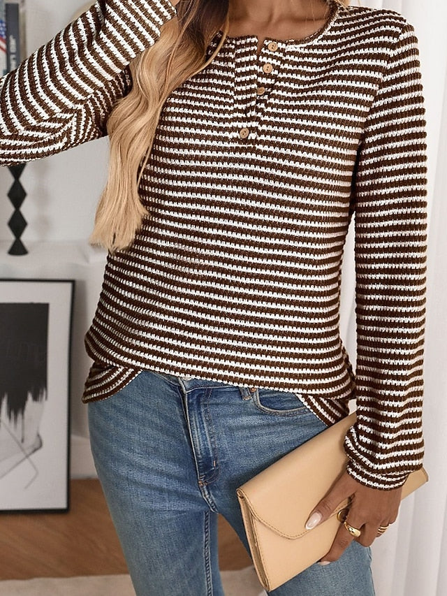 Women's T Shirt Buttons Striped Classic Casual Long Sleeve