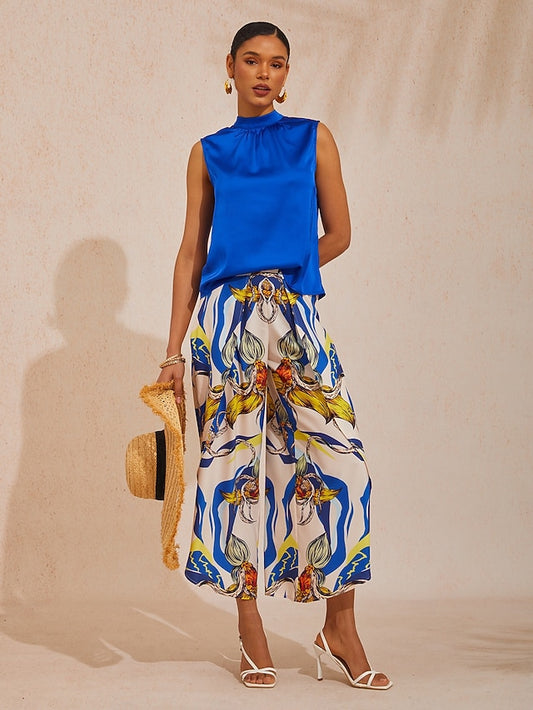 Ocean Blue Orchid Silky Satin Stand Collar Top