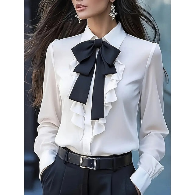 Women's Dress Shirt Blouse Ruffle Bow Solid Color Elegant