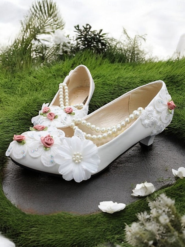 Pearl Embellished Shoes for Low White Bridal Heel Floral Strap