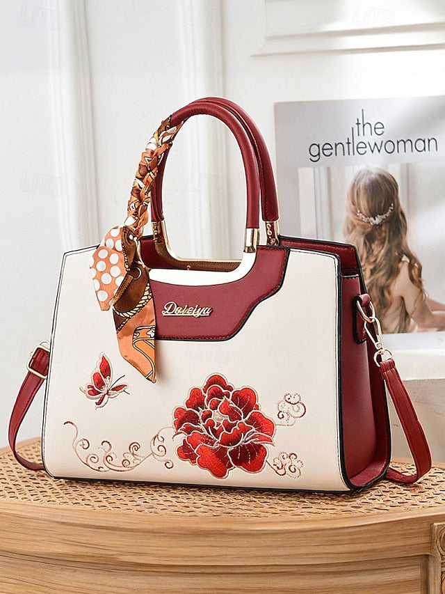 Women's Embroidered Faux Leather Handbag with Scarf Accent