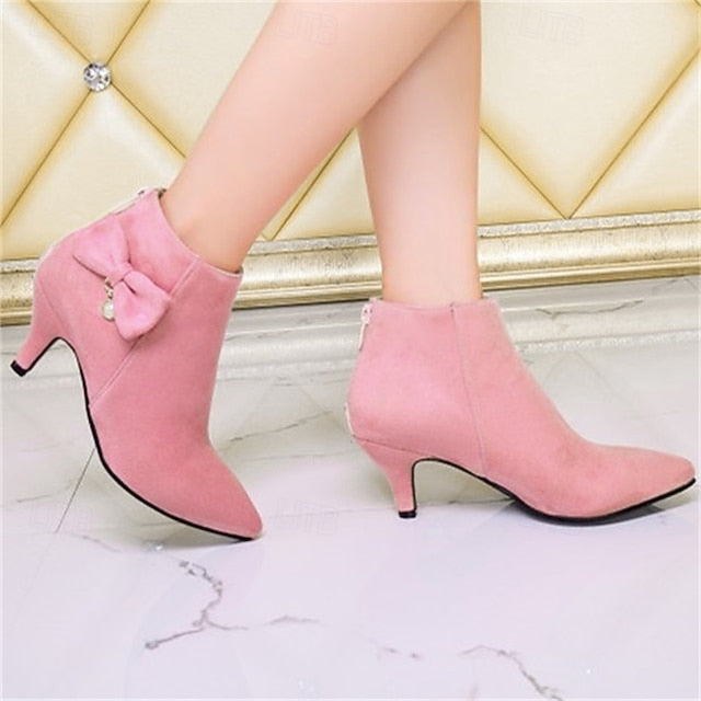 with Ankle Women's Bow Boots Charm and Suede Pearl Pink