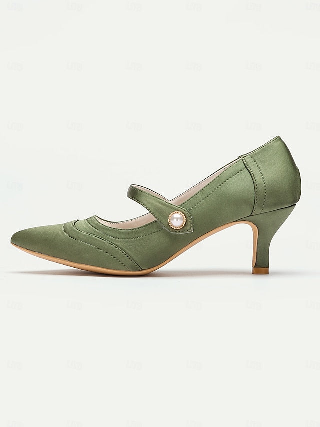 Jane Button Satin - with Heels Pearl Green Mary Elegant