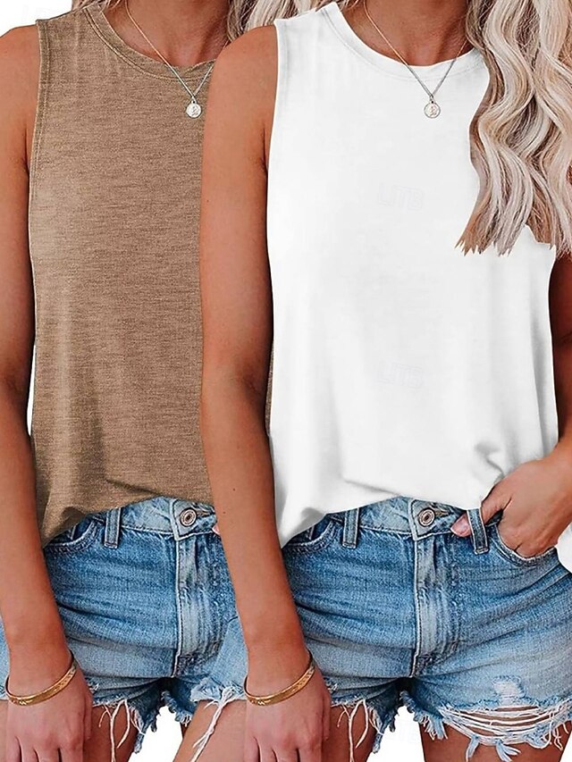 Multi Packs 2pcs Women's Crew Neck Sleeveless Red+Pink Tank