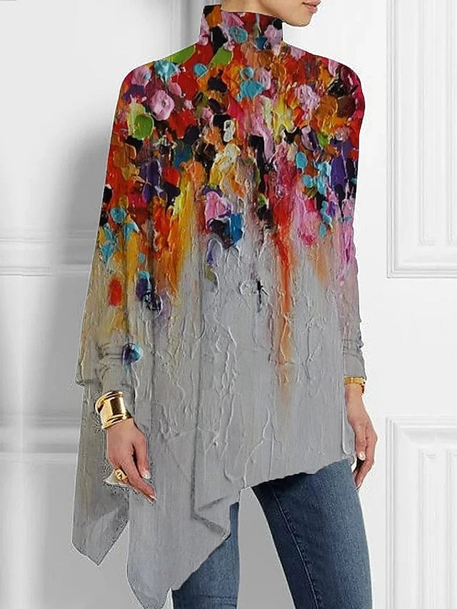 Women's T shirt Long Sleeve Fashion Floral Print Asymmetric