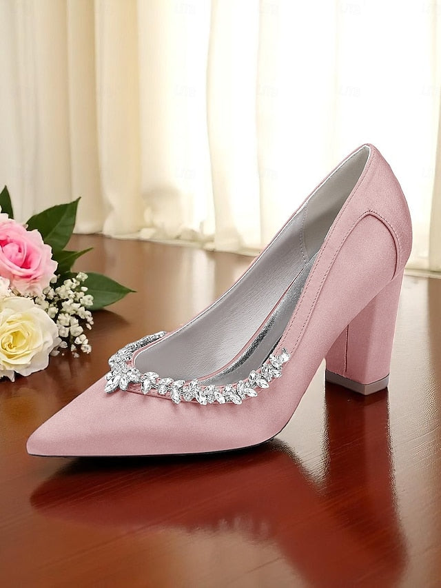 Heel Satin Pumps Block Women's Wedding Pink