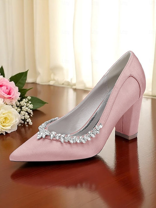 Heel Satin Pumps Block Women's Wedding Pink
