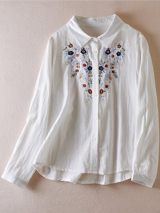 Women's Boho Shirt Dressy Tops Embroidered Solid Color