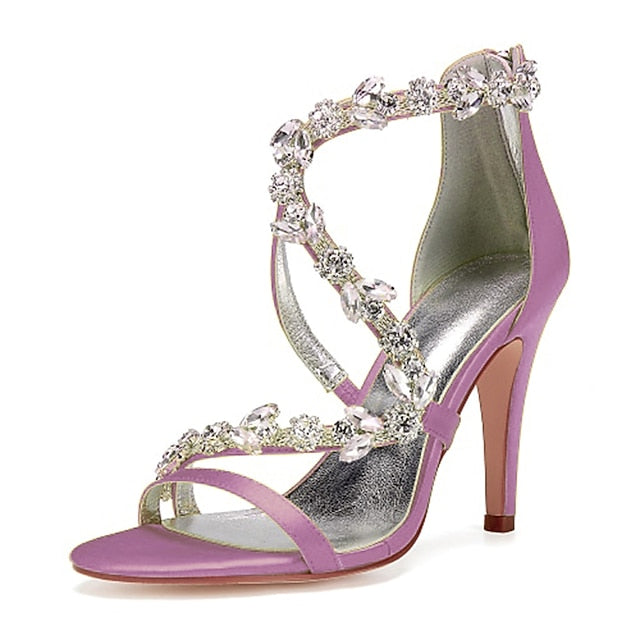 Women's Floral High Satin with Pink Rhinestone Sandals Heel