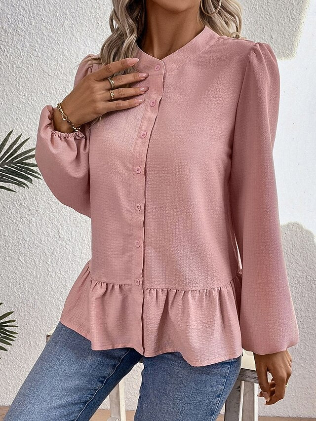 Women's Shirt Blouse Ruffle Blouse Patchwork Buttons Plain