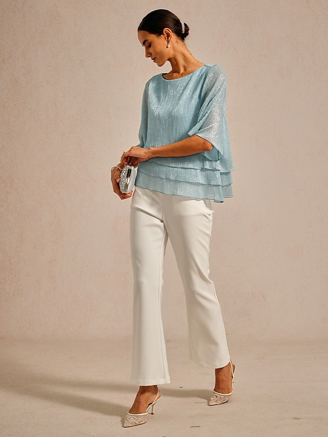 Women's Blouse Chiffon Tops Pleated Layered Metallic