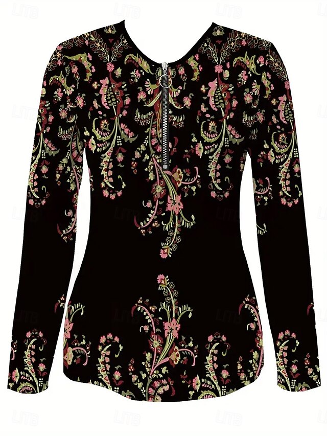 Women's T Shirt Zipper Print Graphic Plants Fashion Casual