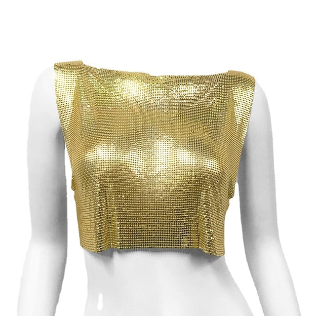 Metallic Sparkle Sexy Crop Tank Top Disco Solid Color Fancy