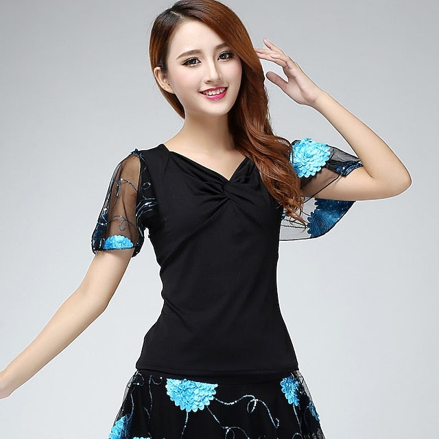 Latin Dance Ballroom Dance Top Embroidery Ruching Paillette