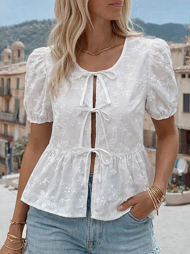 Women's Blouse Lace Solid Color Stylish Casual Short Sleeve