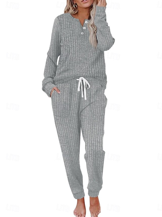 Women's Pants Sets Long Sleeve Crew Neck Solid Color