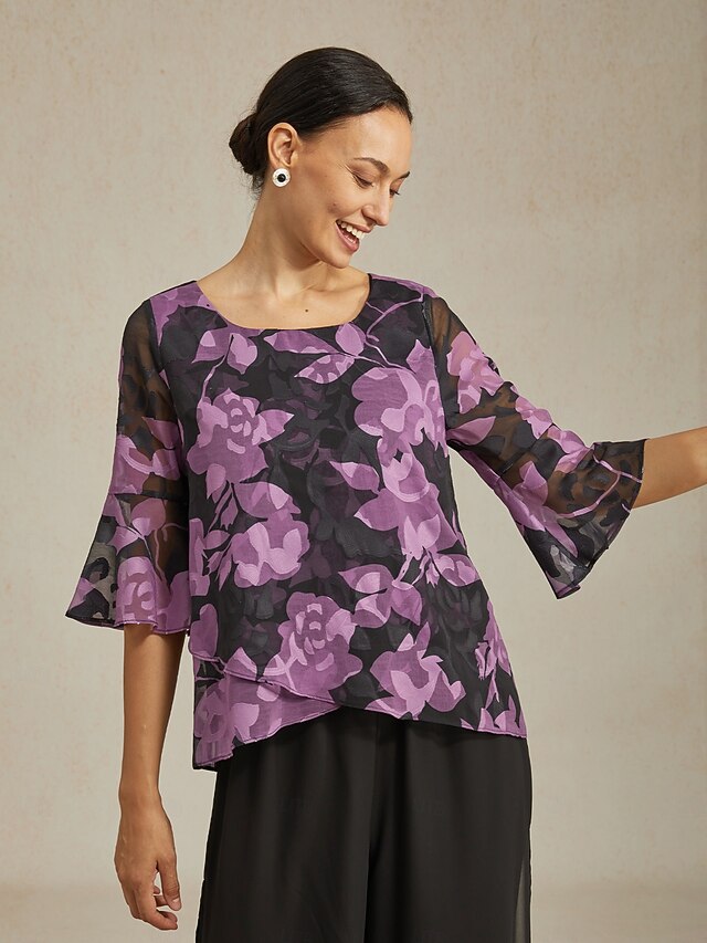 Women's Chiffon Burnout Top Black Purple Round Neck Casual