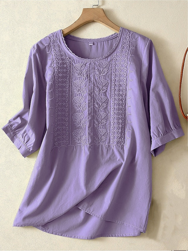 Women's Shirt Embroidered Solid Color Floral Casual Boho