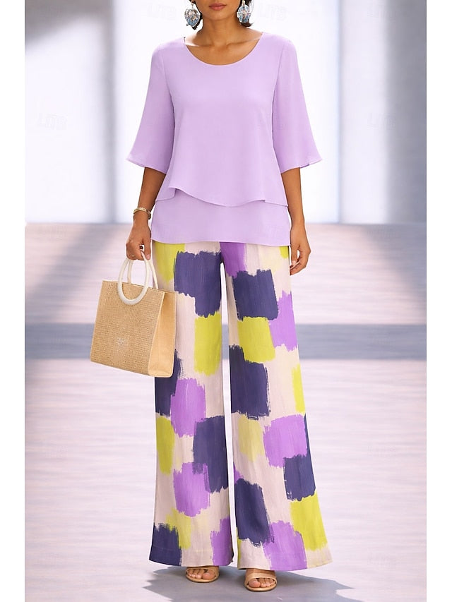 Women's Pants Sets Half Sleeve Butterfly Sleeve Round Neck