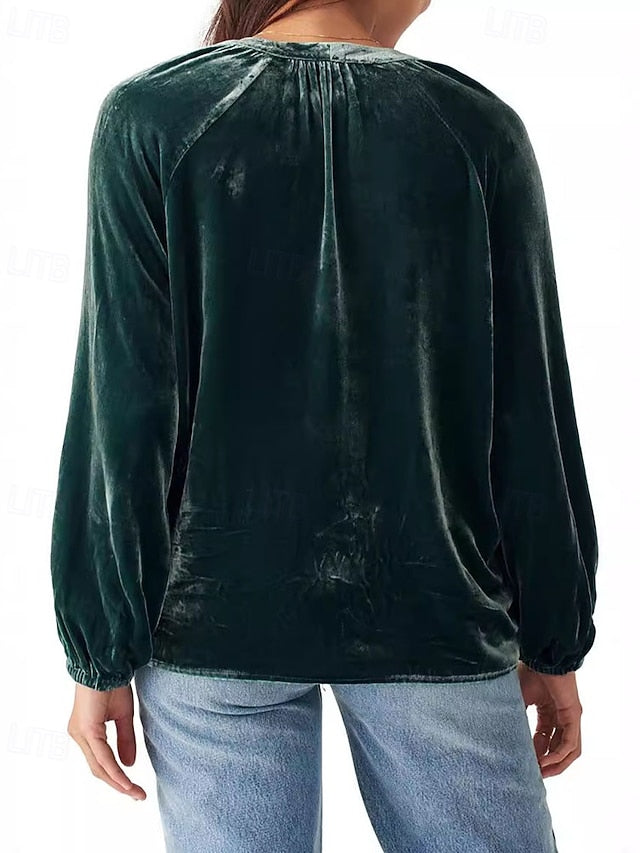 Women's Shirt Velvet Elegant Dressy Ruched Buttons Solid