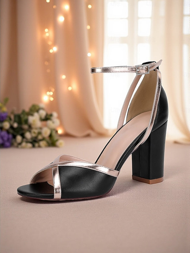 Strap with Metallic White Block Women's Heel Ankle Sandals