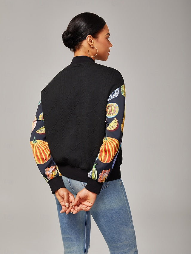 Women's Bomber Jacket Casual Street Patchwork Pumpkin Print