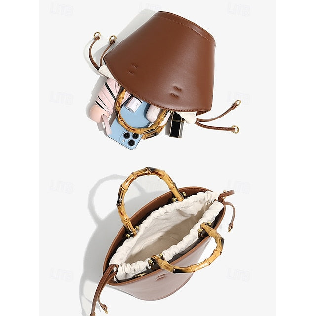 Sac seau en cuir marron avec anse en bambou pour femme