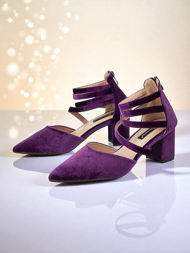 Pointed Toe Block Heel with Women's Blue Velvet Pumps