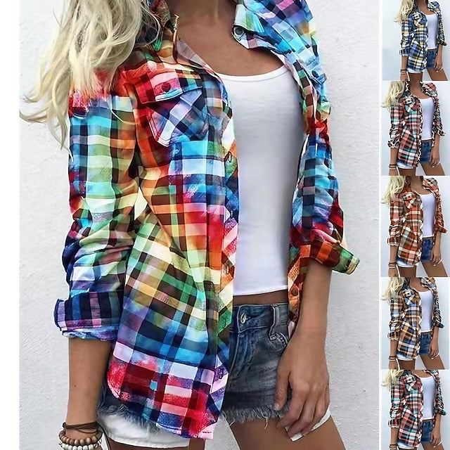 Women's Shirt Blouse Shacket Yellow Red Blue Plaid Color