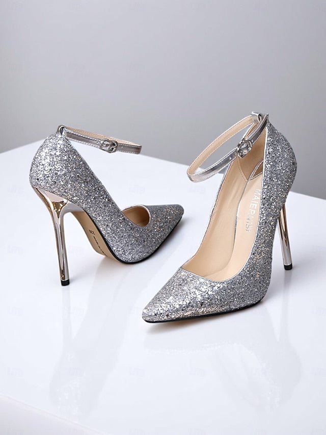 Heels Toe – Women's Gold Glitter Stiletto Pointed Sparkly