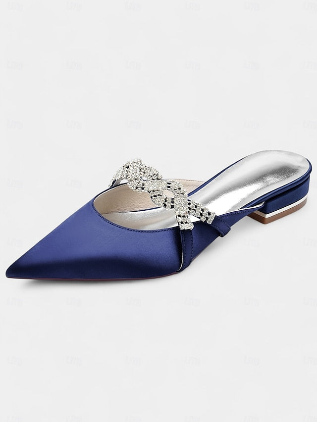 with - Detailing Mule Blue Rhinestone Pointed-Toe Satin Heels