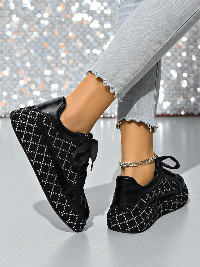 Sneakers - Quilted Black and Women's Silver Rhinestone