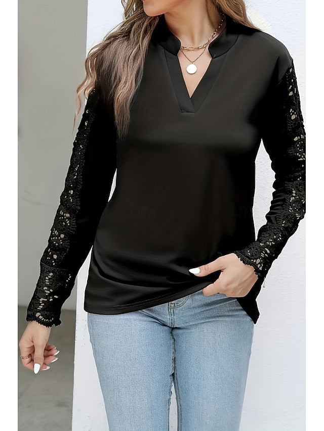 Women's Shirt Lace Plain Daily Stylish Casual Long Sleeve V