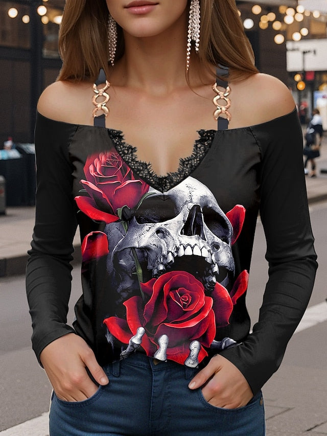 Women's Blouse Floral Skulls Print Graphic Skull Vintage