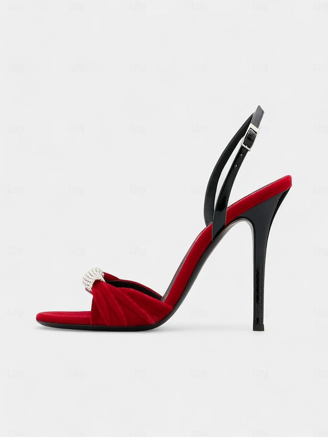 Accent Velvet Stiletto Heels Red Rhinestone with Bold –