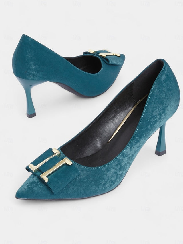 Heel Pointed Pumps Toe Elegant Teal Kitten Velvet Women's -