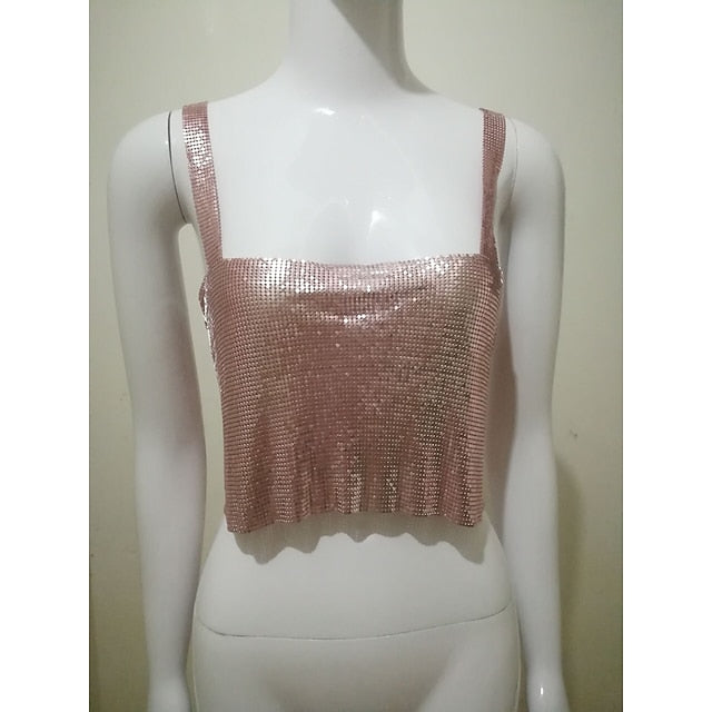 Metallic Backless Sparkle Camisole Crop Tank Top Disco Deep V