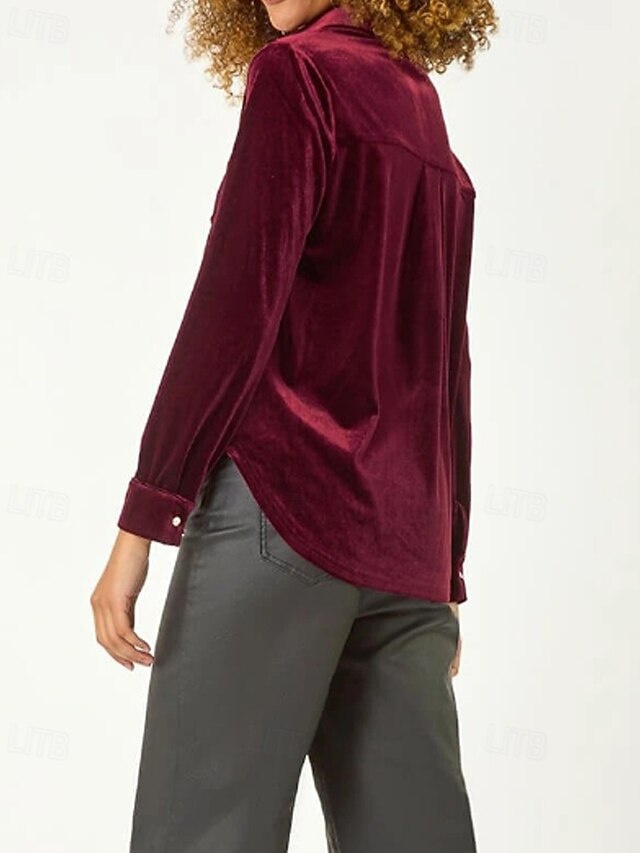 Women's Velvet Blouse Buttons Plain Vintage Stylish Long